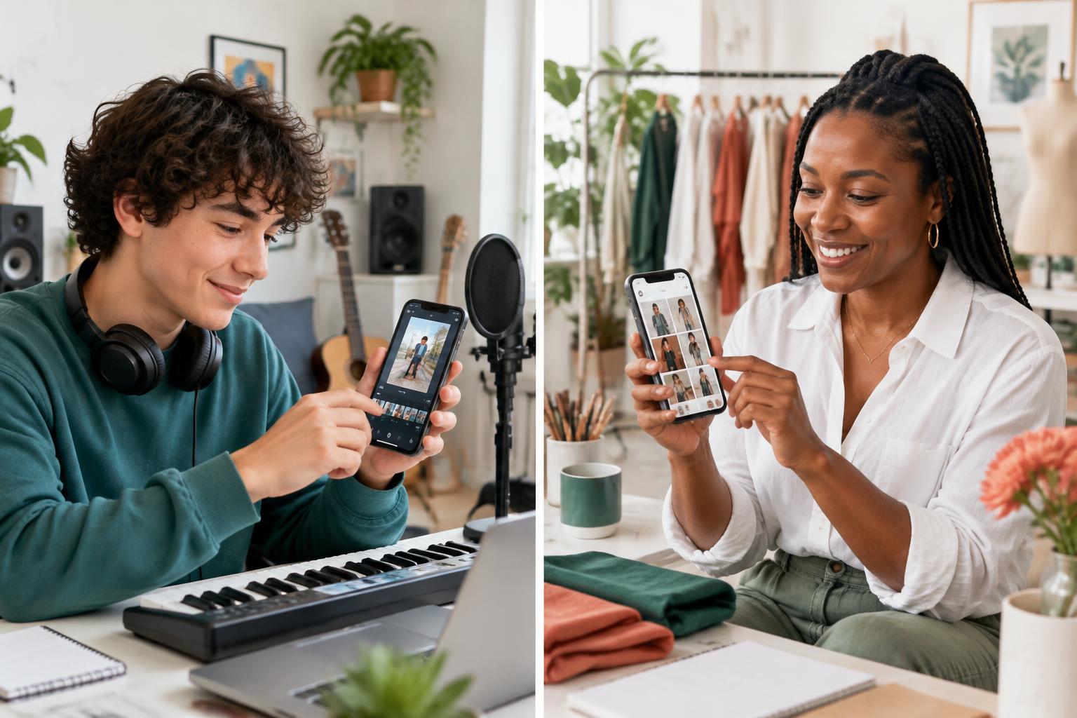 A teen music creator and an adult shop owner sharing their profiles on their phones